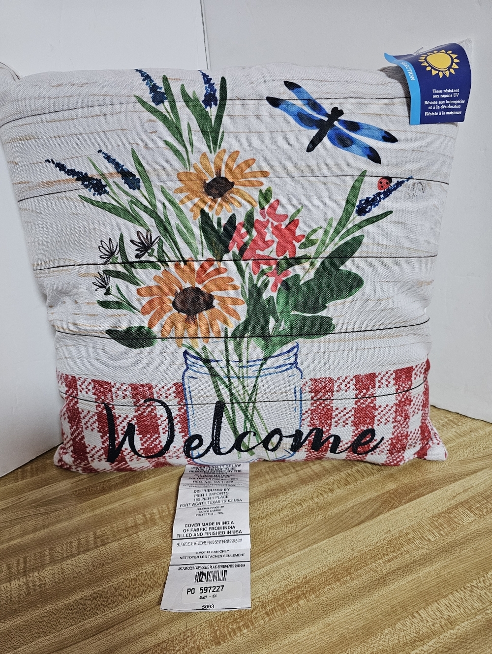 NWT Pier 1 Outdoor Throw Pillow Welcome Wildflowers Mason Jar Dragonfly Gingham